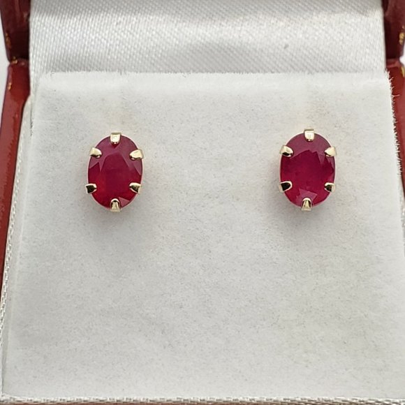 10K Yellow Gold Ruby (7x5mm) Stud Earrings - Picture 1 of 5